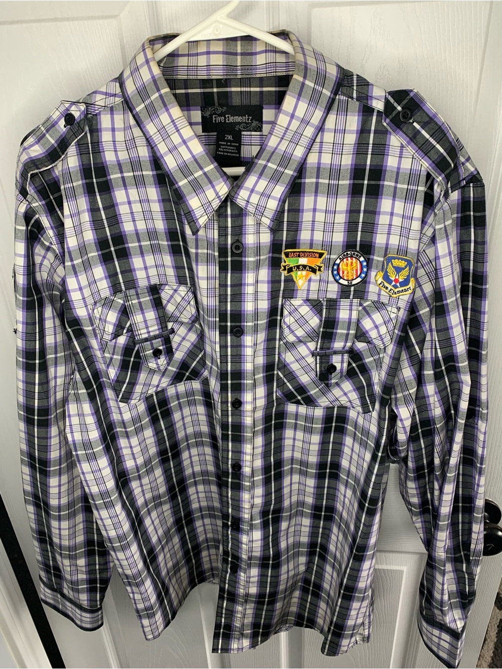 Vintage Y2K Five Elementz Men's 2XL Plaid Button-Up Shirt with Air Borne Patches